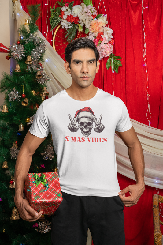 Mens Round Neck T-shirt-Xmas Edition- Santa Skull Cap Victory