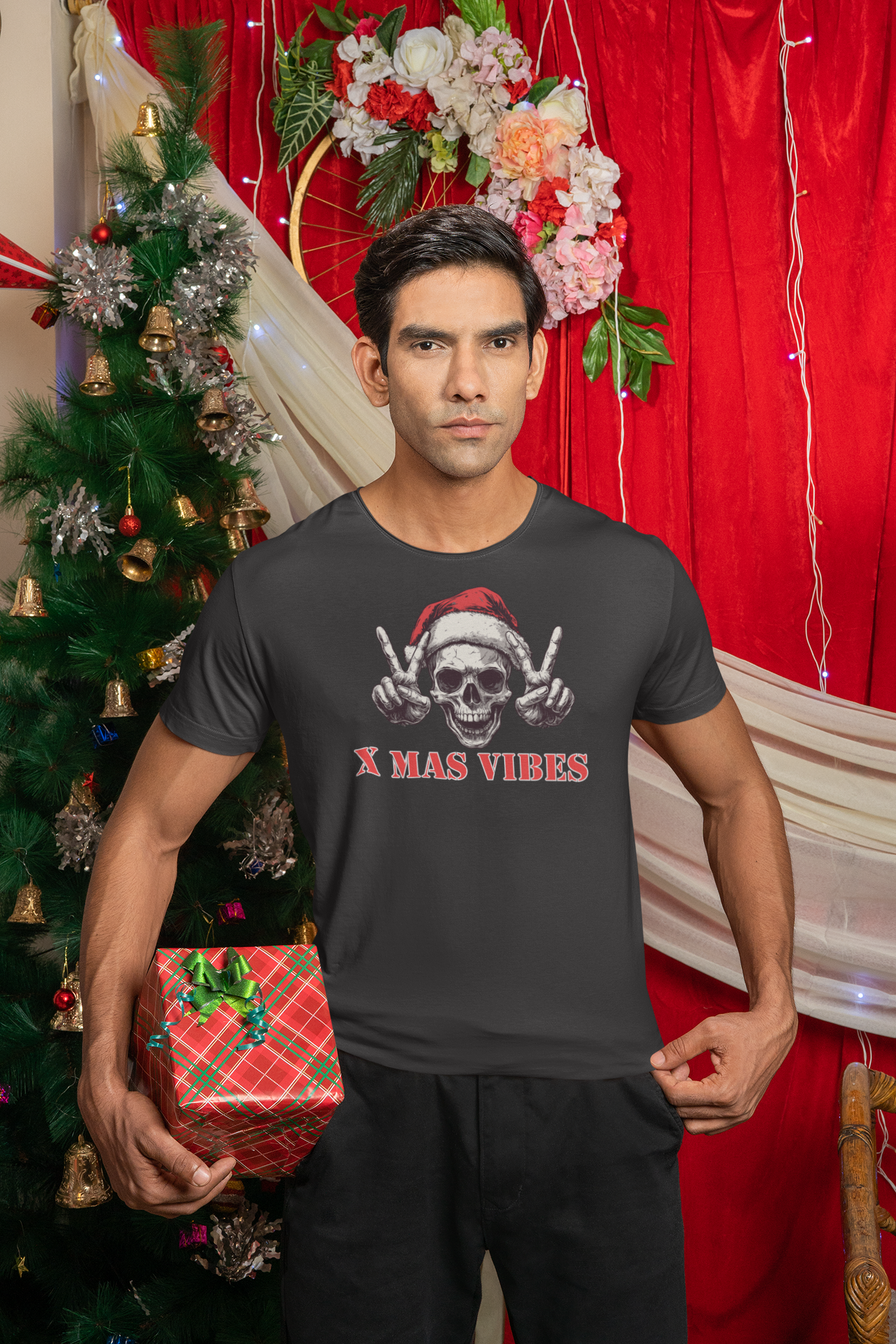 Mens Round Neck T-shirt-Xmas Edition- Santa Skull Cap Victory