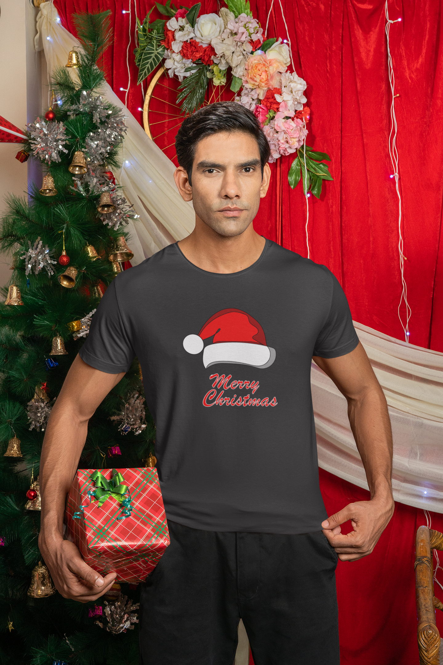 Mens Round Neck T-shirt-Xmas Edition-Santa Hat01