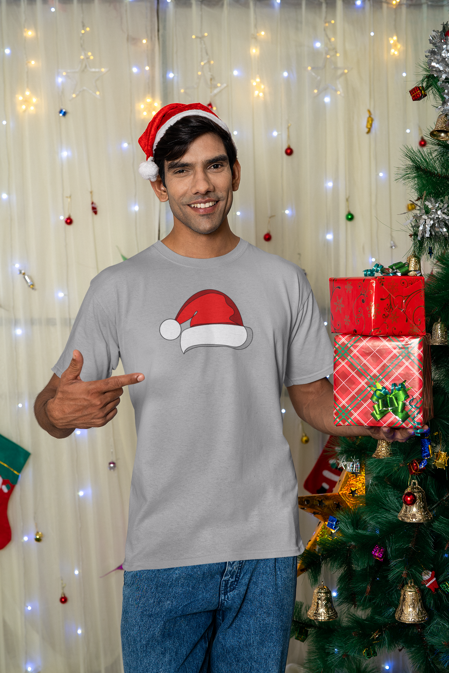 Mens Round Neck T-shirt-Xmas Edition-Santa Hat