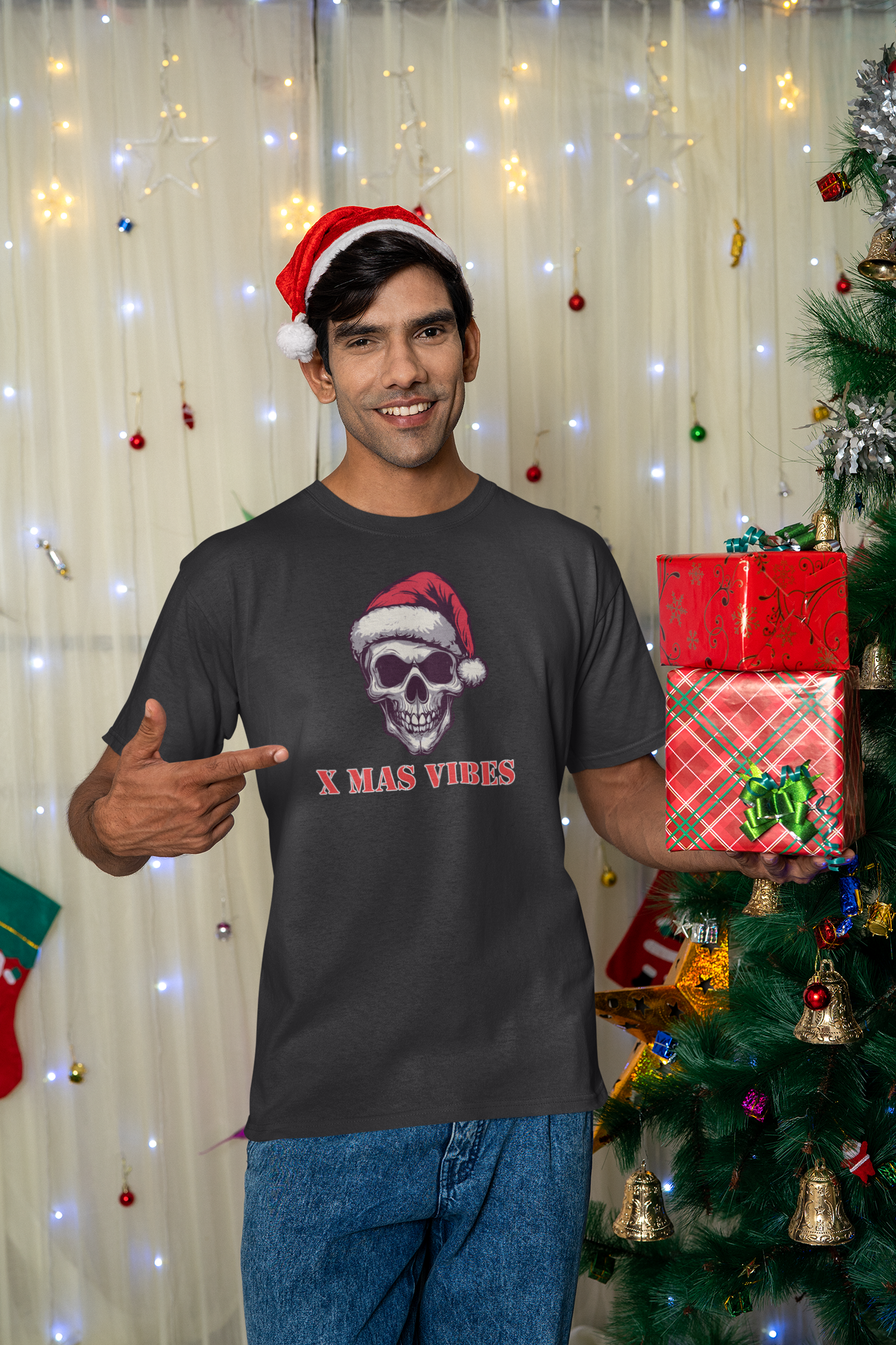 Mens Round Neck T-shirt-Xmas Edition- Santa Skull Cap