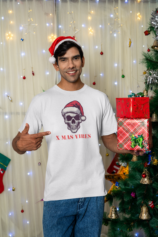 Mens Round Neck T-shirt-Xmas Edition- Santa Skull Cap