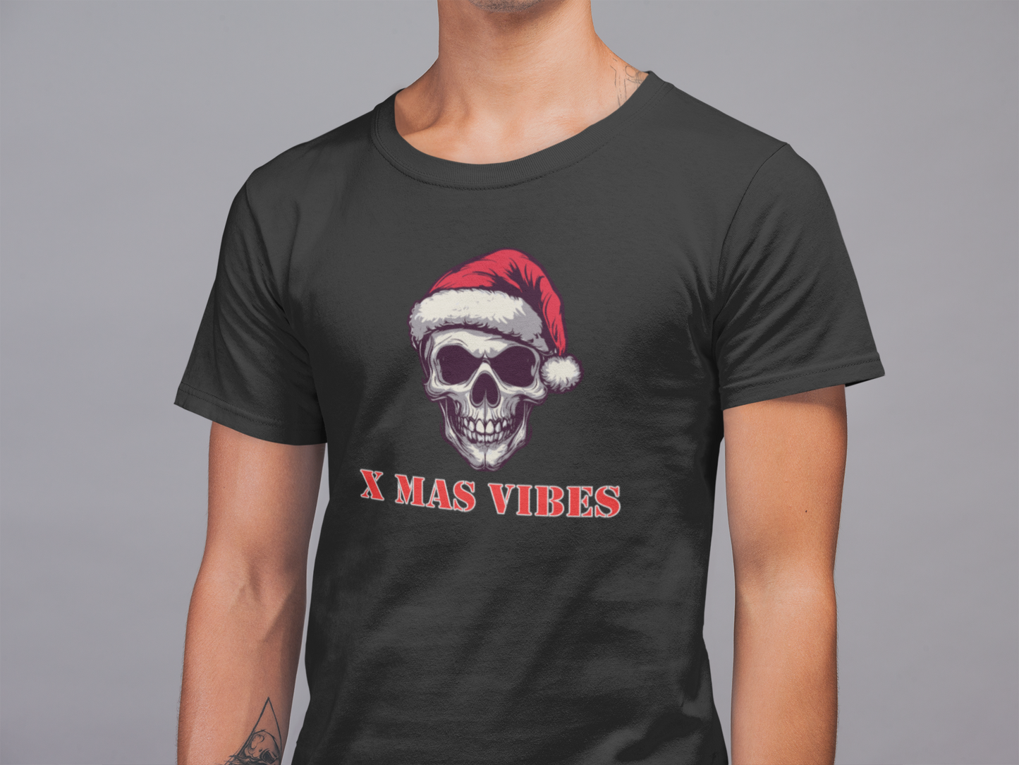 Mens Round Neck T-shirt-Xmas Edition- Santa Skull Cap