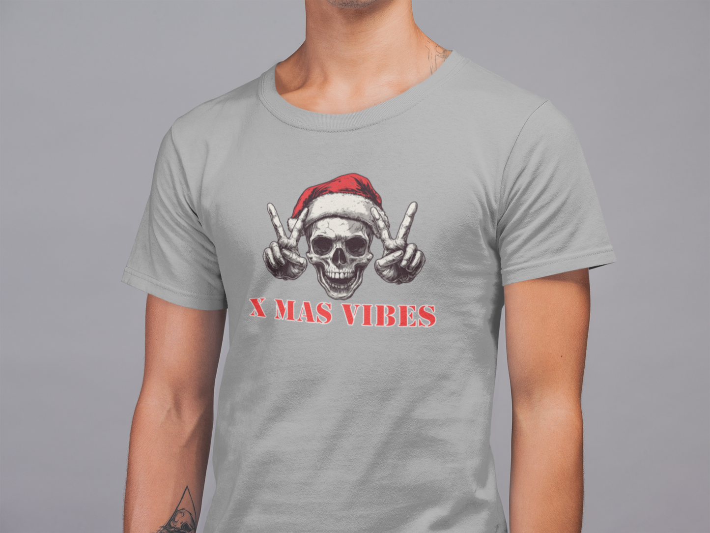 Mens Round Neck T-shirt-Xmas Edition- Santa Skull Cap Victory