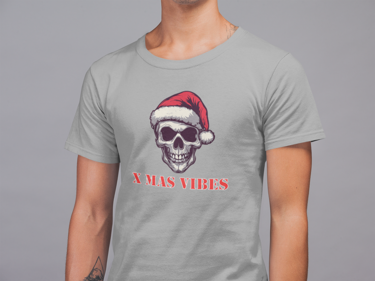 Mens Round Neck T-shirt-Xmas Edition- Santa Skull Cap