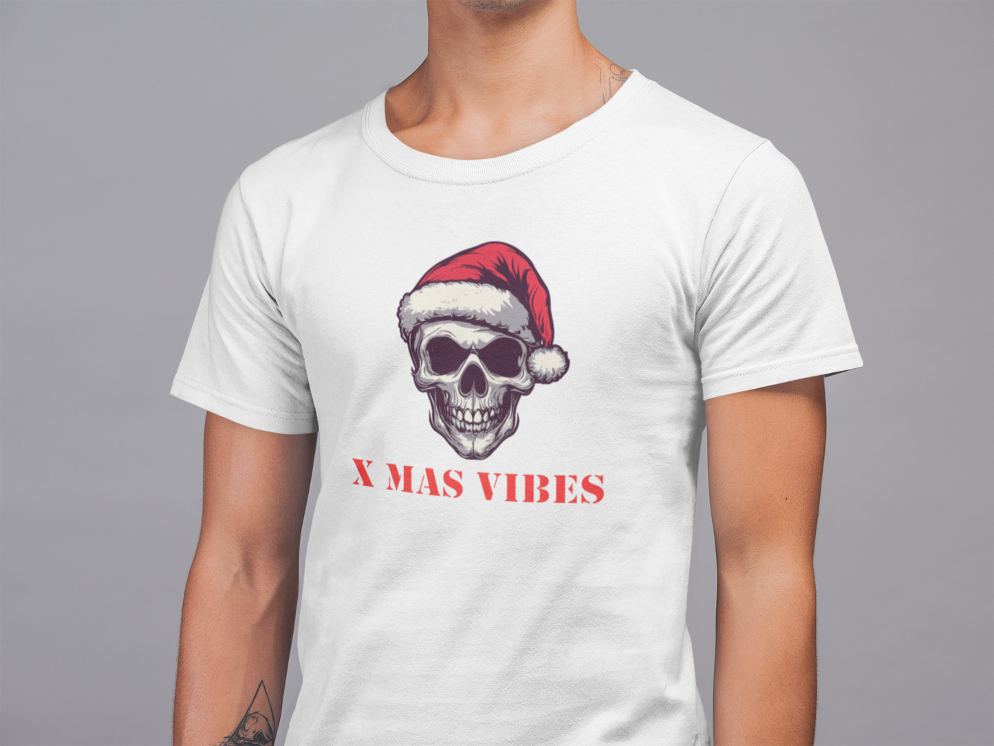 Mens Round Neck T-shirt-Xmas Edition- Santa Skull Cap